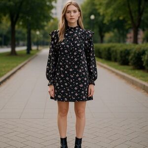 Wayf Black Floral Long Sleeve Dress
